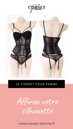 CORSET SEXY SOUS-VÊTEMENT EN DENTELLE AVEC PORTE-JARRETELLES (NOIR)